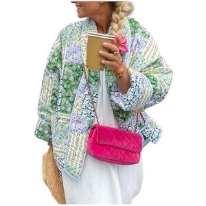 Quilted Vintage Green Floral Printed Lightweight Open front Padded Puffer Jacket